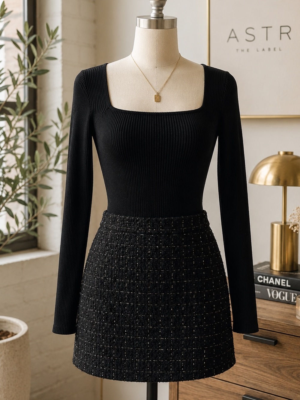 ASTR The Label Black Bouclรฉ Tweed Mini Skirt Metallic Thread Size Medium